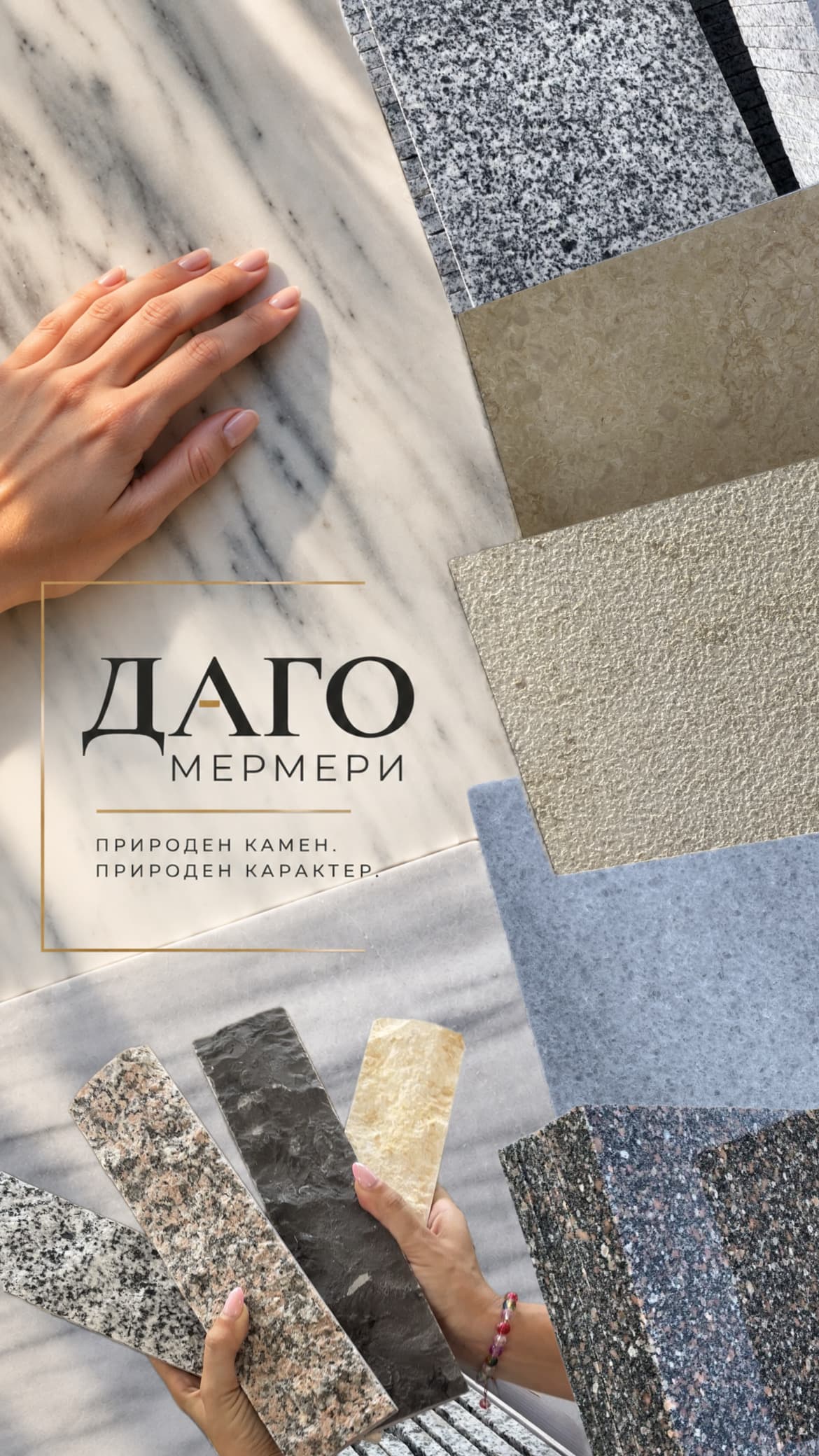 Hands on a marble slab and granite and stone samples, with the DAGO Mermeri logo – Natural stone. Natural character.