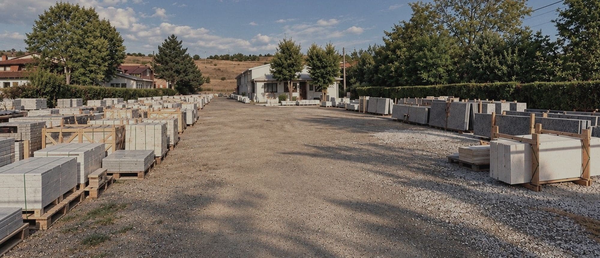 The yard in Veles: stone slabs on pallets on both sides of the road, the warehouse at the end